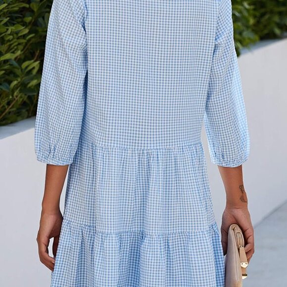 Women's Summer Dresses Casual V Neck Button Down 3/4 Sleeve Floral Print Loose F - Picture 4 of 6